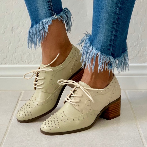 Free People Shoes - Distressed Studded Block Heel Lace Up Oxford
